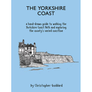 Image of The Bay Hotel (Robin Hoods Bay) and coastline on a blue background - front cover to Christopher Goddards Yorkshire Coast Guidebook