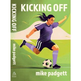 Image of a mixed-race woman about to kick a football on a green background