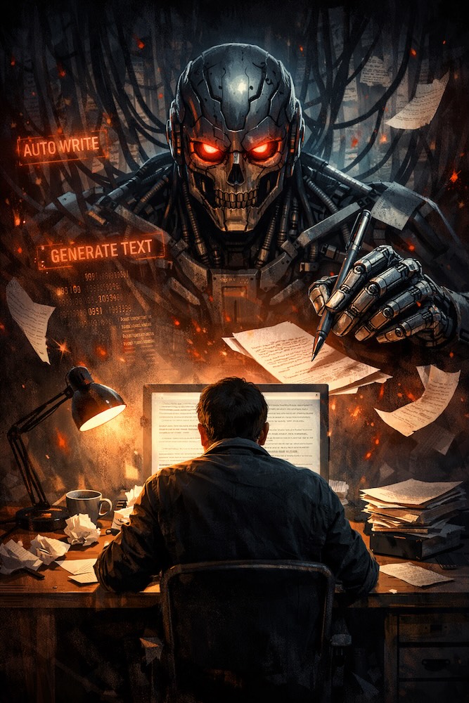 AI-generated image of a robot with evil red eyes using a pen to write on paper while a writer sits at an illuminated screen with crumpled paper and files on his desk.  